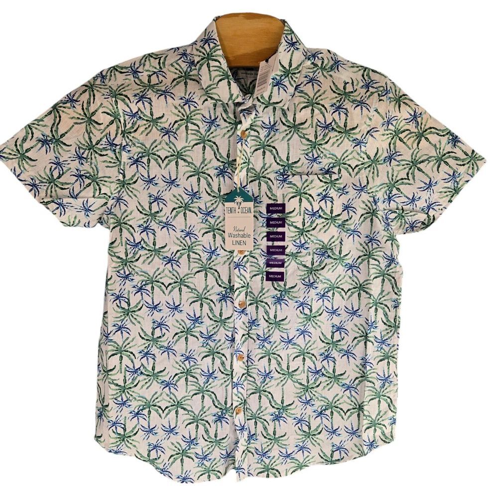 Tenth + Ocean F112X4041 Mens Medium White Palm Tree S/S Washable Linen Shirt - Picture 2 of 6
